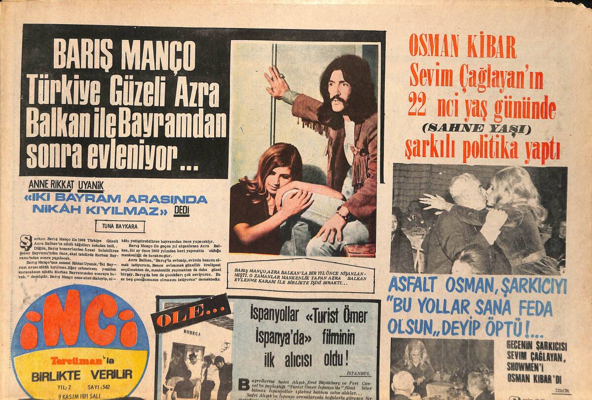 Tercüman Gazetesi İnci Eki 9 Kasım 1971 - Barış Manço Türkiye Güzeli Azra Balkan İle Bayramdan Sonra Evleniyor.. GZ160492 - 1