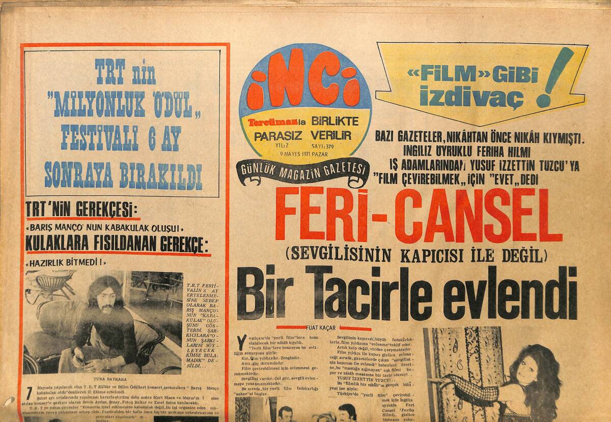 Tercüman Gazetesi İnci Eki 9 Mayıs 1971 - Feri Cansel Bir Tacirle Evlendi - Barış Manço'nun Kabakulak Oluşu GZ146190 - 1