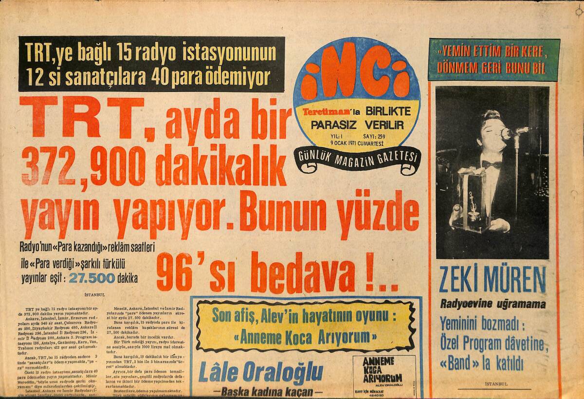 Tercüman Gazetesi İnci Eki 9 Ocak 1971 - Zeki Müren ''Yemin Ettim Bir Kere Dönmem Bunu Bil'' GZ160512 - 1