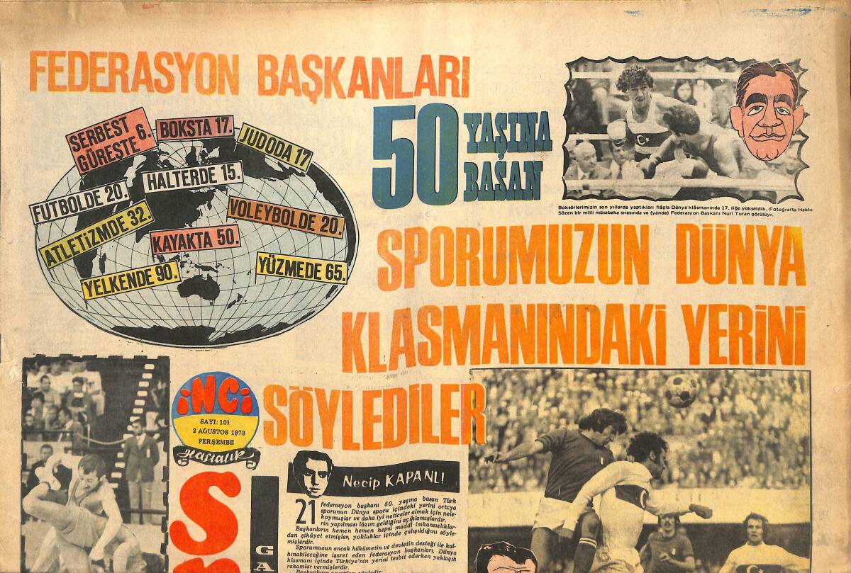 Tercüman Gazetesi İnci Spor Eki 2 Ağustos 1973 - 100'den Fazla Milli Formayı Giyen 5 Altın Sporcumuz Var - B. Almanya'da Kadınlar Futbol Ligi Kuruldu GZ144437 - 1