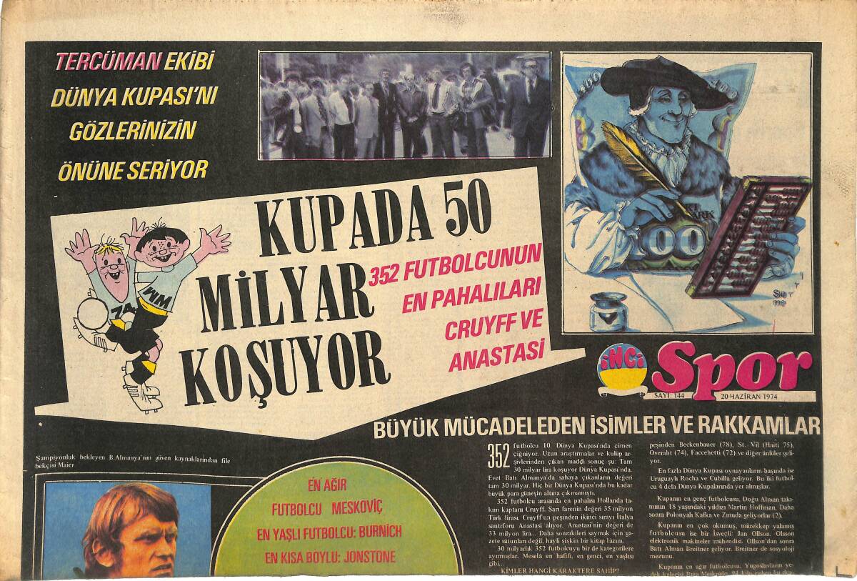 Tercüman Gazetesi İnci Spor Eki 20 Haziran 1974 - Kupada 50 Milyar Koşuyor GZ145130 - 1