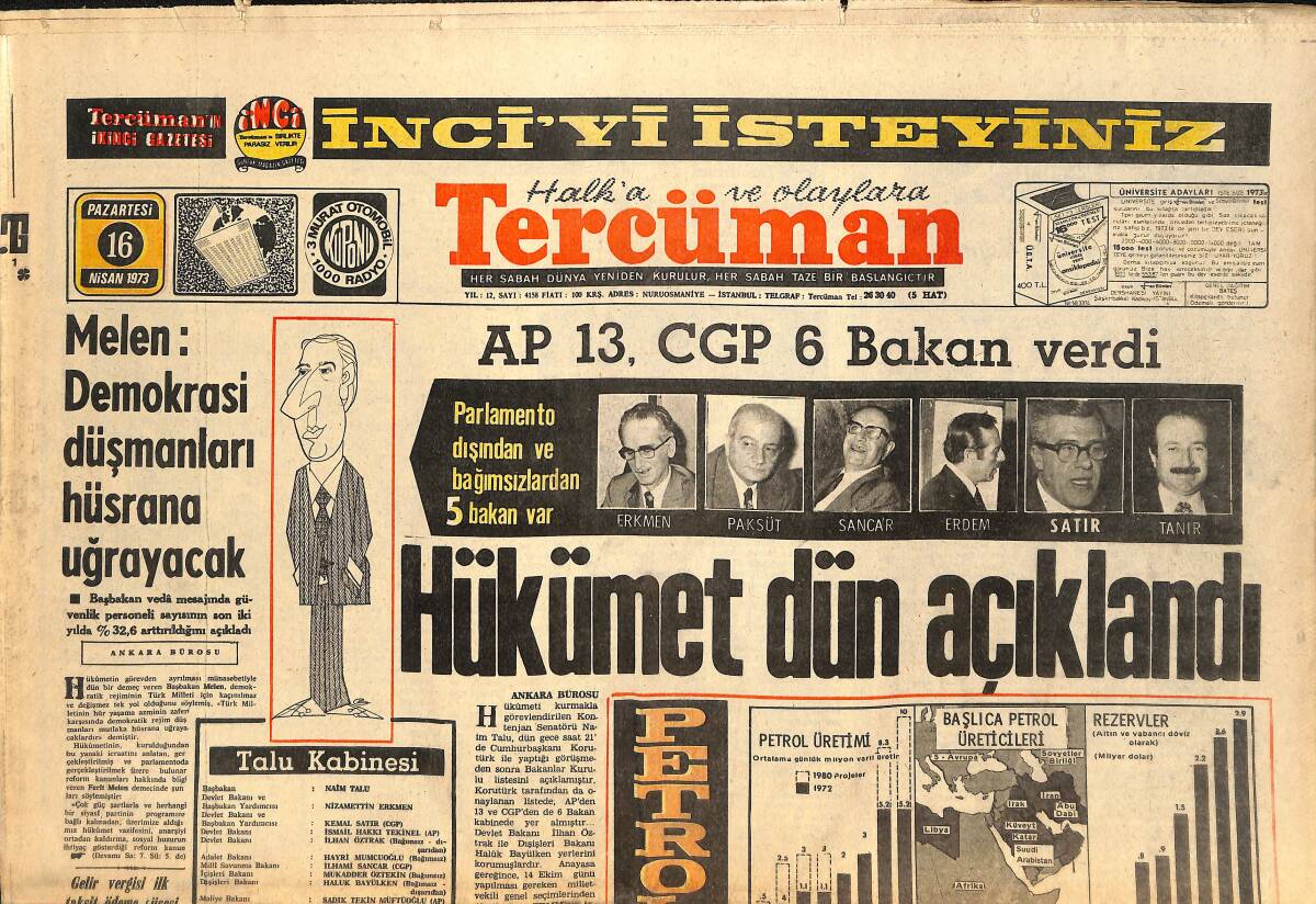 Tercüman Gazetesi 16 Nisan 1973 - Hükümet Dün Açıklandı - Galatasaray Şampiyonluğu Tutuyor GZ145498 - 1