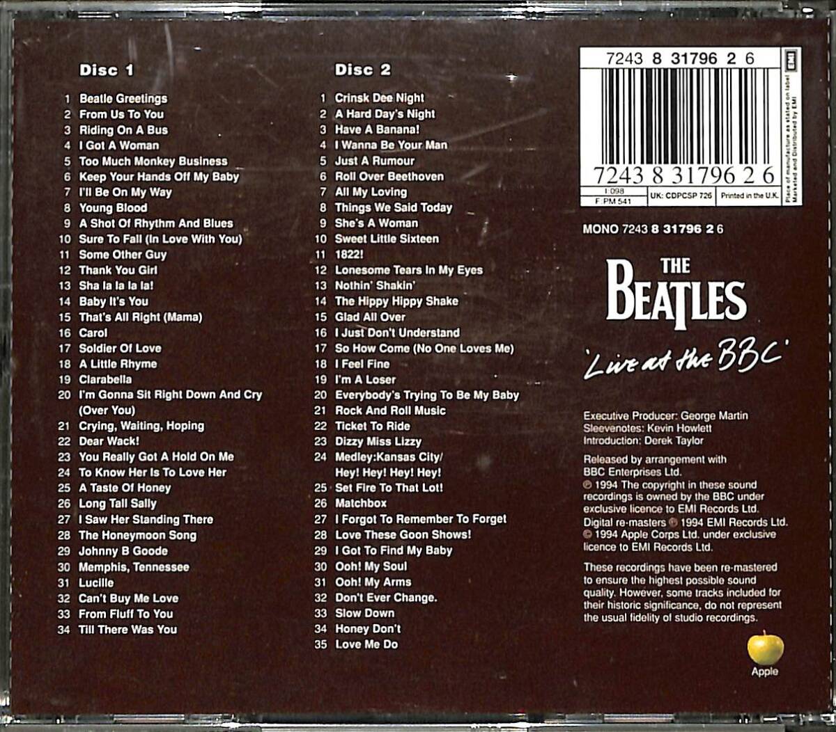 The Beatles – Live at the BBC | Apple Records Müzik CD (İkinci El - 1994 - Orijinal İngiltere Baskısı) CD5929 - 2