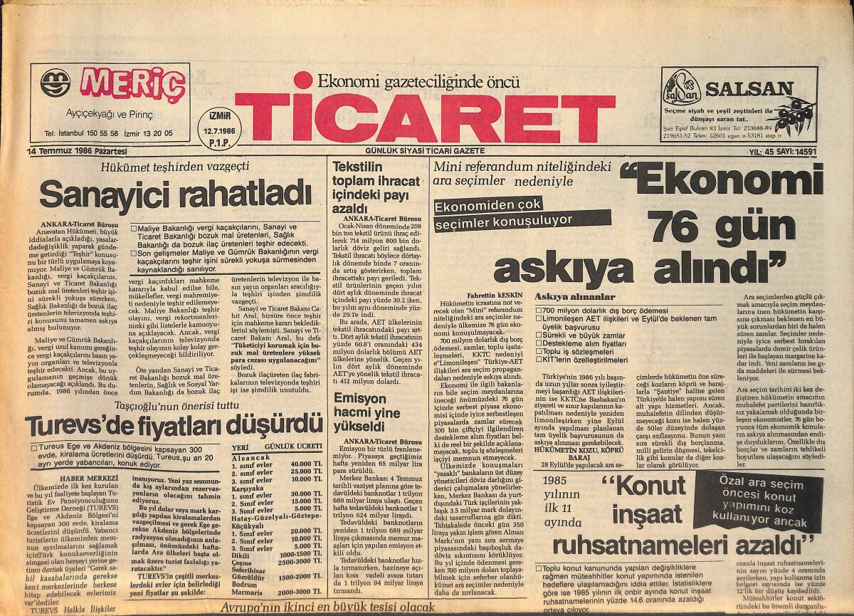 Ticaret Gazetesi 14 Temmuz 1986 - Türkiye'nin En Büyük Turizm Kompleksi Kuruluyor - Üzümcüler Londra'da Toplanıyor GZ134700 - 1