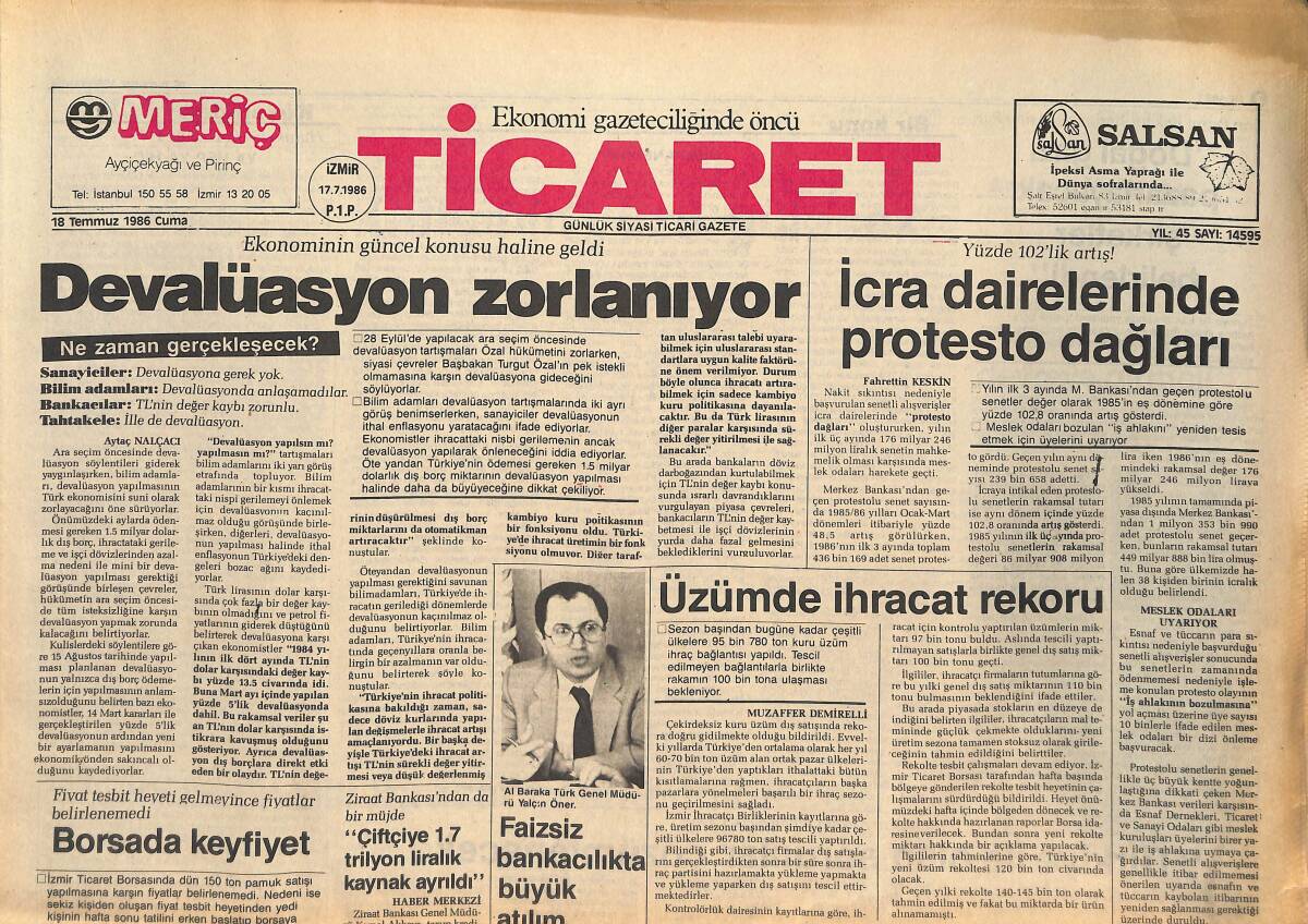 Ticaret Gazetesi 18 Temmuz 1986 - Üzümde İhracat Rekoru - Devalüasyon Zorlanıyor GZ134695 - 1