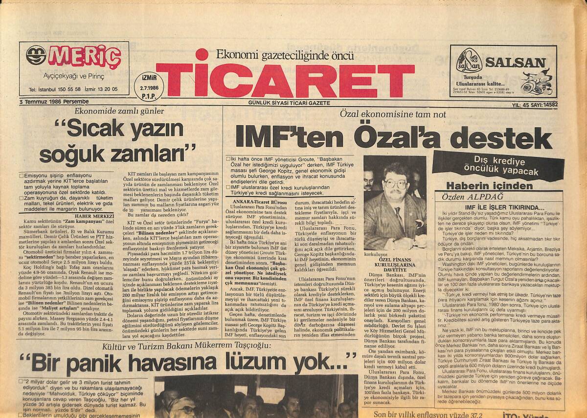 Ticaret Gazetesi 3 Temmuz 1986 - IMF'ten Özal'a Destek - Gıda Tüketimi Tıkandı GZ134694 - 1