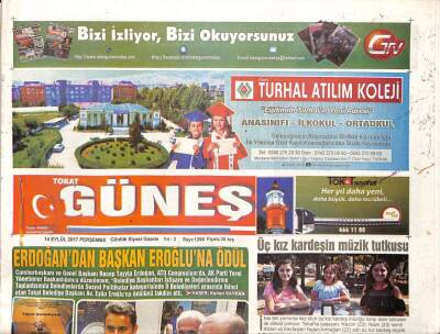 Tokat Güneş Gazetesi 14 Eylül 2017 - Cumhurbaşkanı Erdoğandan Başkan Eroğluna Türkiye İkinciliği Ödülü GZ96104 - 1