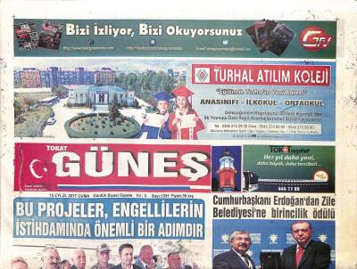 Tokat Güneş Gazetesi 15 Eylül 2017 - Cumhurbaşkanı Erdoğandan Zile Belediyesine Birincilik Ödülü GZ96106 - 1