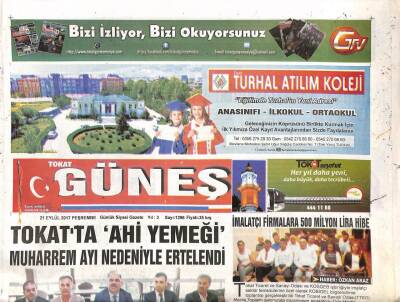 Tokat Güneş Gazetesi 21 Eylül 2017 - Tokatta Ahi Yemeği Muharrem Ayı Nedeniyle Ertelendi GZ96257 - 1
