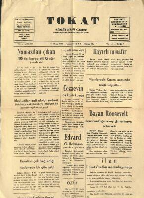 TOKAT Günlük Siyasi Gazete 17 Nisan 1959 - Menderes İle Kasım Arasında Tebrik Telgrafları NDR68794 - 1