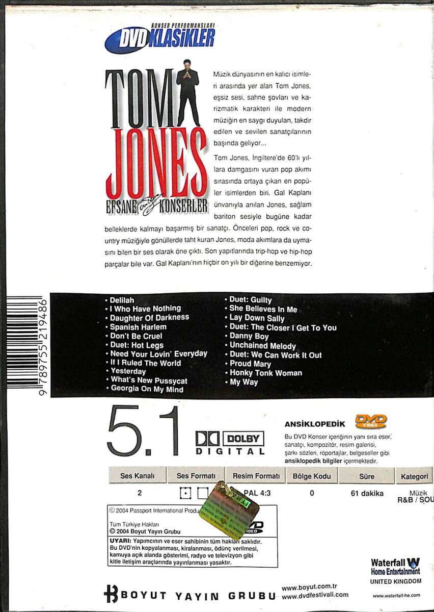 Tom Jones - Efsane Konserler Orijinal DVD Film (İkinci El) DVD2913 - 2
