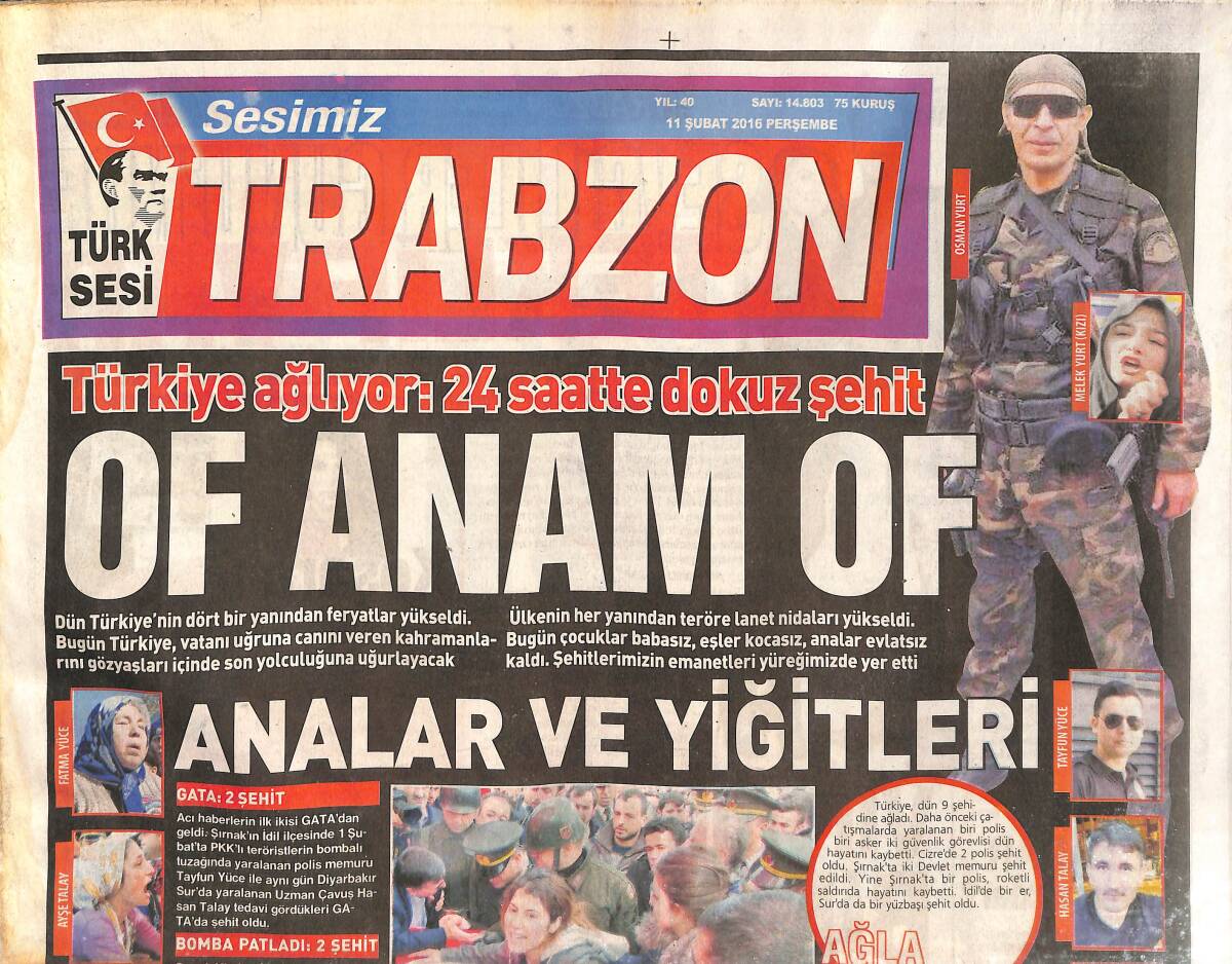 Trabzon Gazetesi 11 Şubat 2016 - Türkiye Ağlıyor: 24 Saatte Dokuz Şehit - Muharrem Usta Cumhurbaşkanı'na Ziyaret! GZ136823 - 1