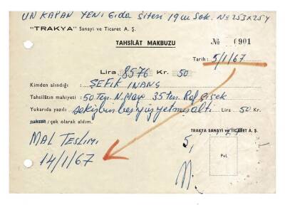 Trakya Sanayi Ve Ticaret A.Ş 1967 Yılı Tahsilat Makbuzu EFM255 - 1