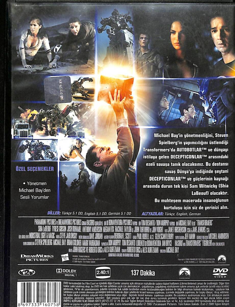 Transformers – Shia LaBeouf, Megan Fox, Josh Duhamel Orijinal DVD (İkinci El) * Transformers (2007) – DreamWorks - Paramount - Tiglon * DVD2920 - 2