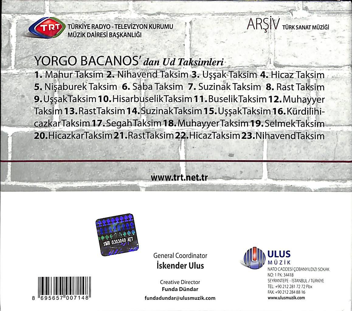 TRT Arşiv Serisi - 152 - Yorgo Bacanos'dan Ud Taksimleri CD (İkinci El) CD4940 - 3