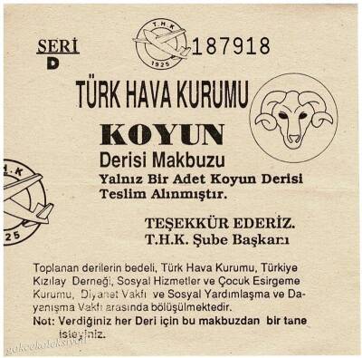 Türk Hava Kurumu Koyun Derisi Makbuzu 1925 EFM713 - 1