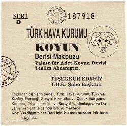 Türk Hava Kurumu Koyun Derisi Makbuzu 1925 EFM713 - 2