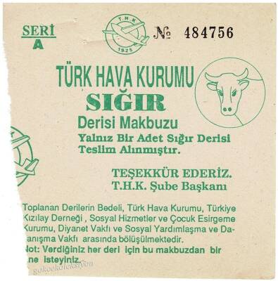 Türk Hava Kurumu Sığır Derisi Makbuzu 1925 EFM712 - 2