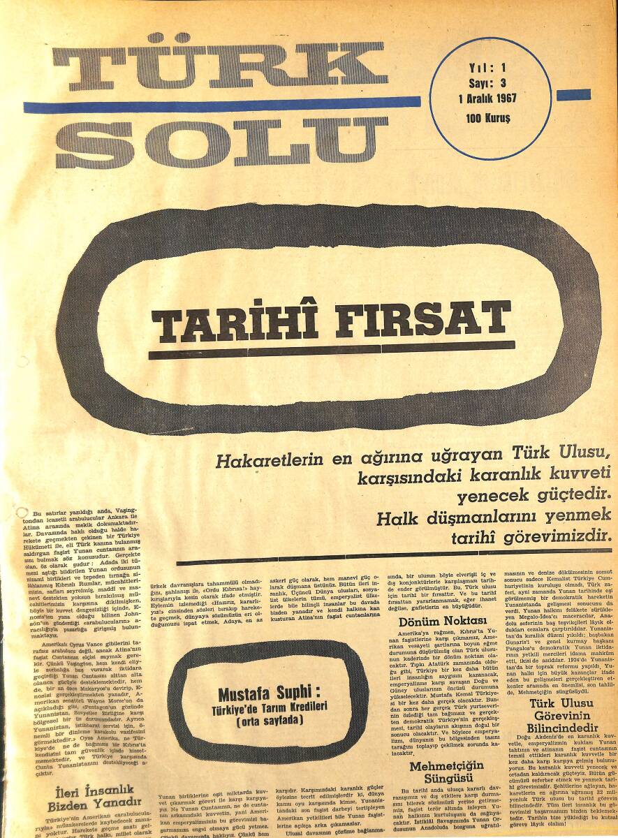 Türk Solu Dergisi 1 Aralık 1967 Sayı 3 - Türkiye Tarım Kredisinin Düzenlenmesi - Tarihi Fırsat NDR96215 - 1