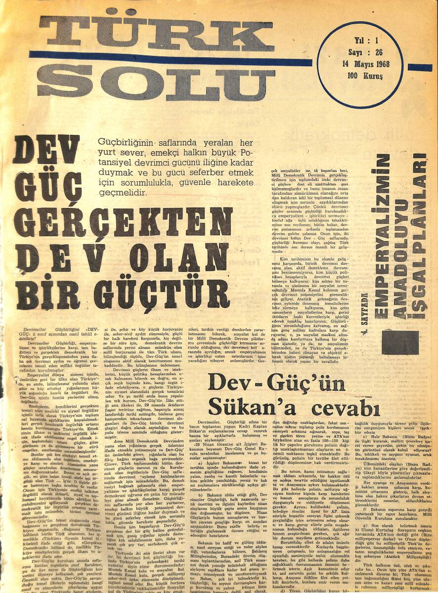 Türk Solu Dergisi 14 Mayıs 1968 Sayı 26 - Emperyalizmin Anadolu'yu İşgal Planları NDR96236 - 1