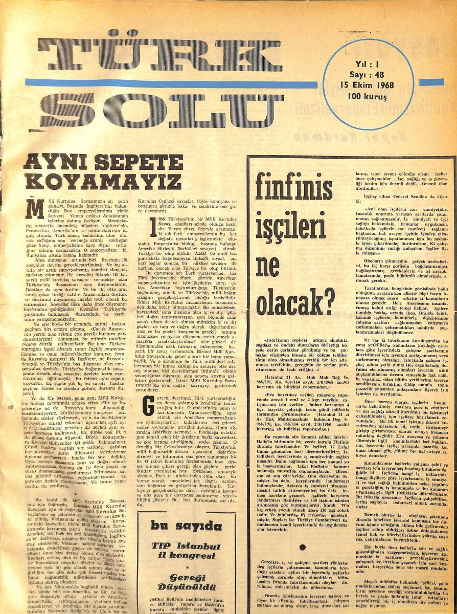 Türk Solu Dergisi 15 Ekim 1968 Sayı 48 - Finfinis İşçileri Ne Olacak NDR96231 - 1