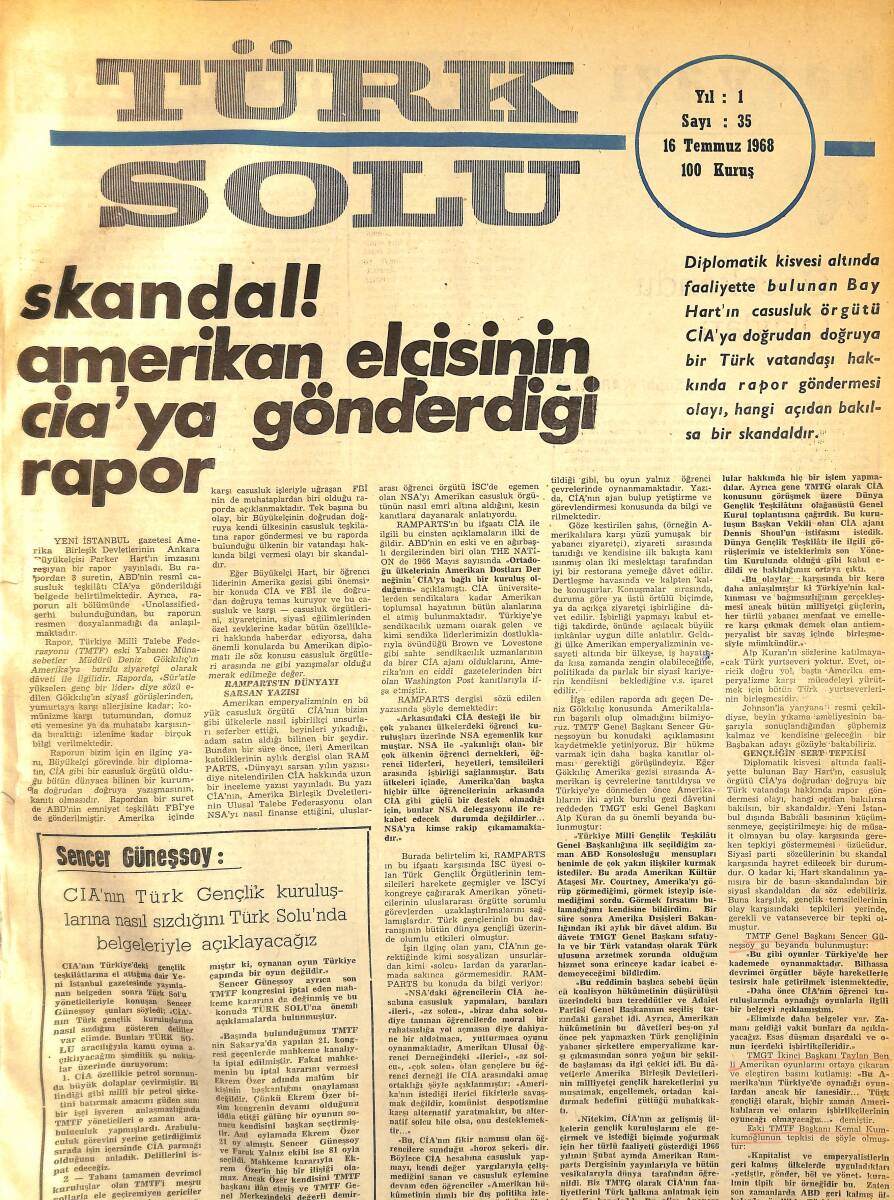 Türk Solu Dergisi 16 Temmuz 1968 Sayı 35 - Skandal Amerikan Elçisinin CİA'ya Gönderdiği Rapor NDR96222 - 1