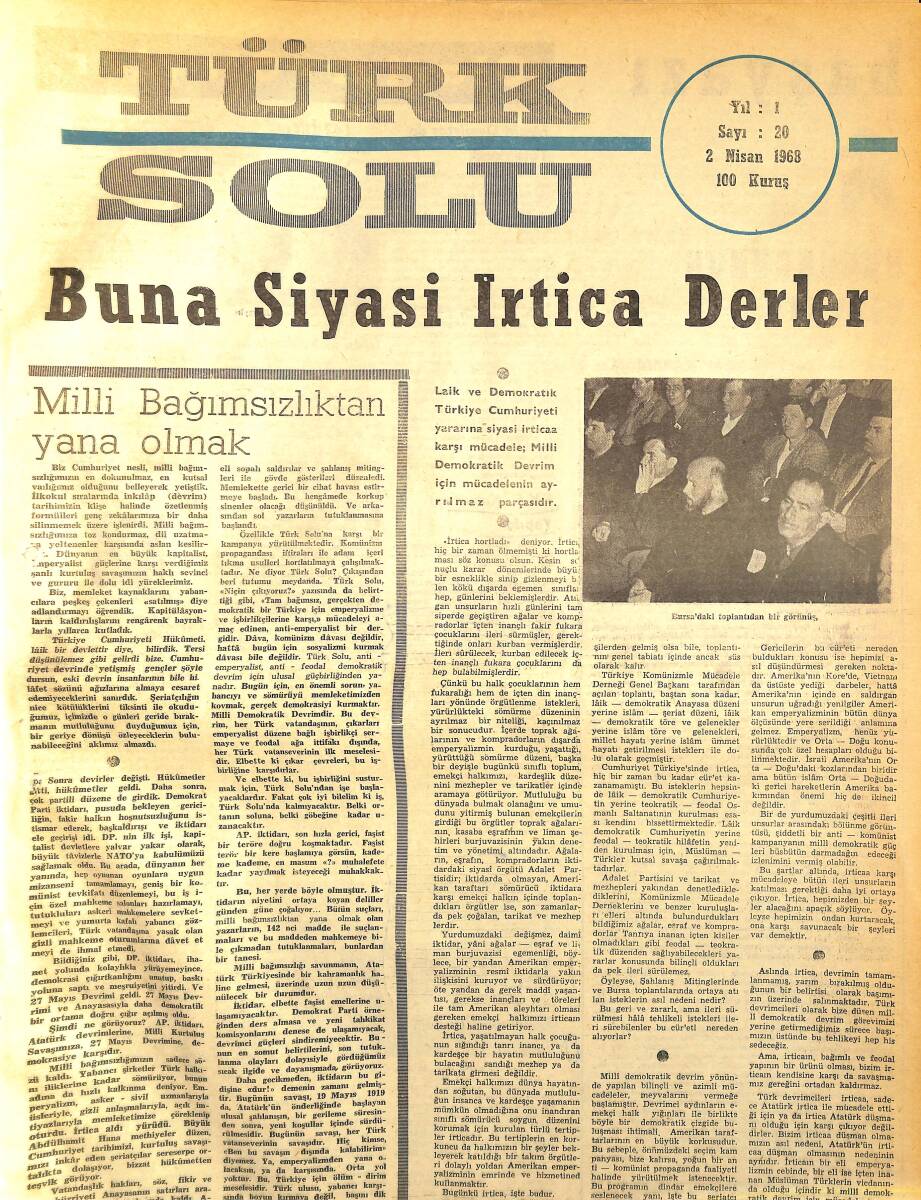 Türk Solu Dergisi 2 Nisan 1968 Sayı 20 - Buna Siyasi İrtica Derler NDR96201 - 1