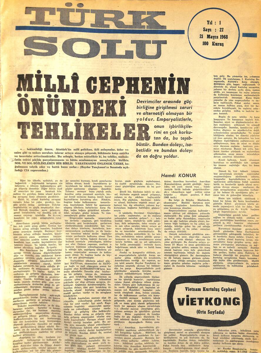 Türk Solu Dergisi 21 Mayıs 1968 Sayı 27 - Milli Cephenin Önündeki Tehlikeler - Türk Sovyet İlişkileri NDR96235 - 1