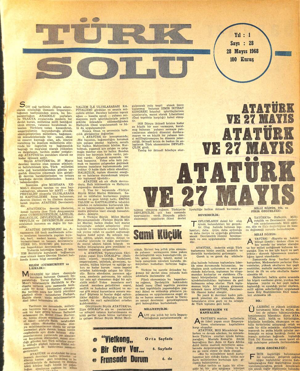 Türk Solu Dergisi 28 Mayıs 1968 Sayı 28 - Atatürk Ve 27 Mayıs - Türk Gençliği Fransız Gençliğini Destekliyor NDR96221 - 1