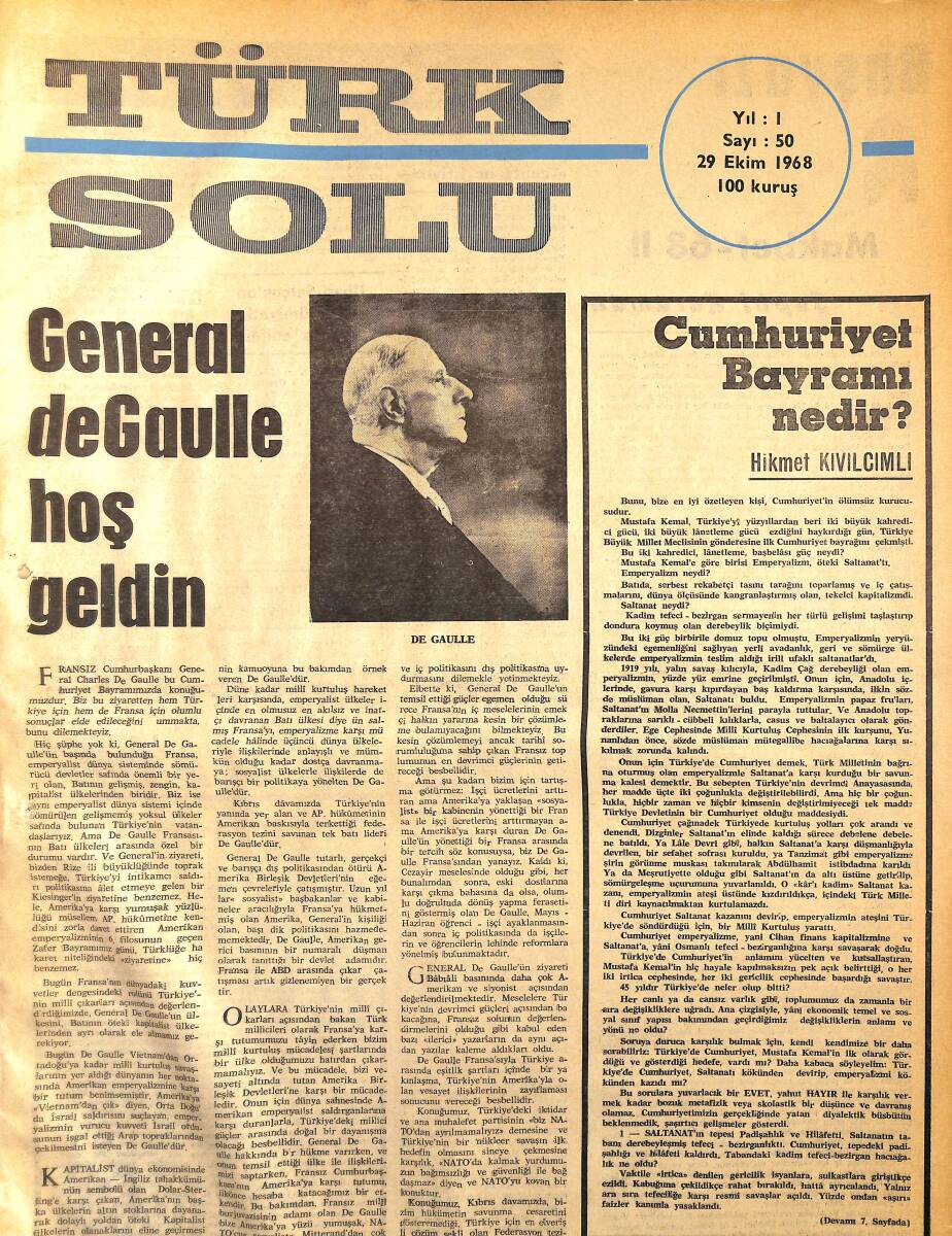 Türk Solu Dergisi 29 Ekim 1968 Sayı 50 - General De Gaulle Hoş Geldin NDR96233 - 1