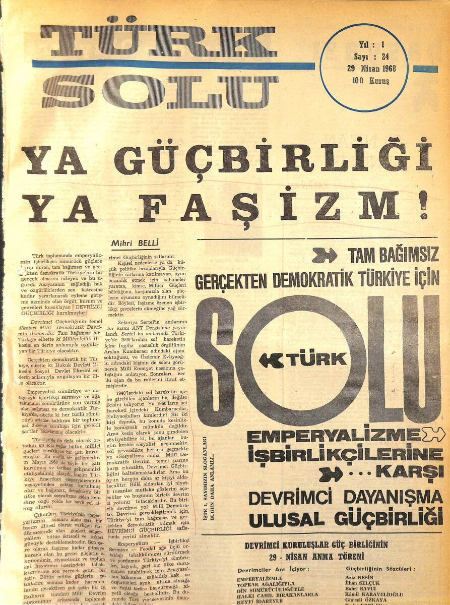 Türk Solu Dergisi 29 Nisan 1968 Sayı 24 - Ya Güçbirliği Ya Faşizm - Kundura İşçilerinin Çilesi NDR96238 - 1