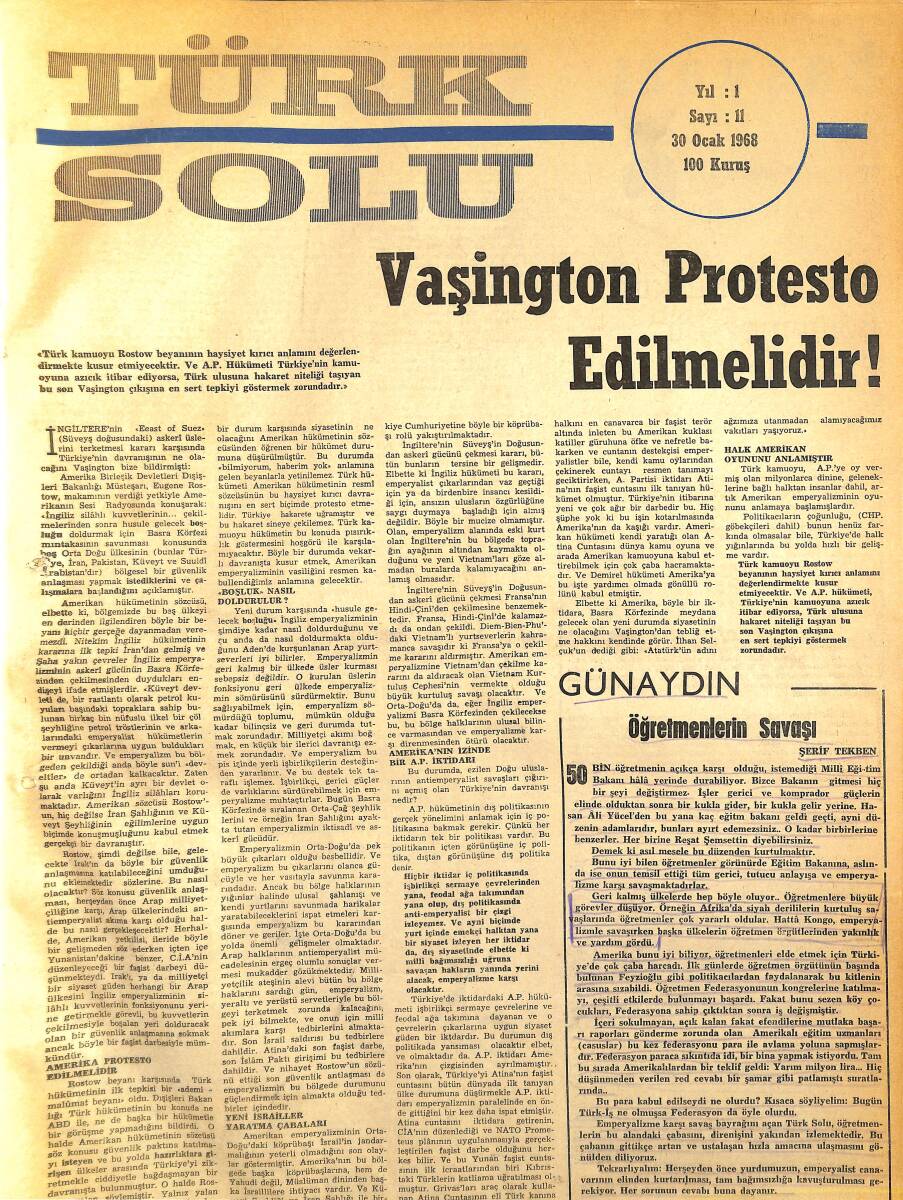 Türk Solu Dergisi 30 Ocak 1968 Sayı 11 - Vaşington Protesto Edilmelidir NDR96207 - 1