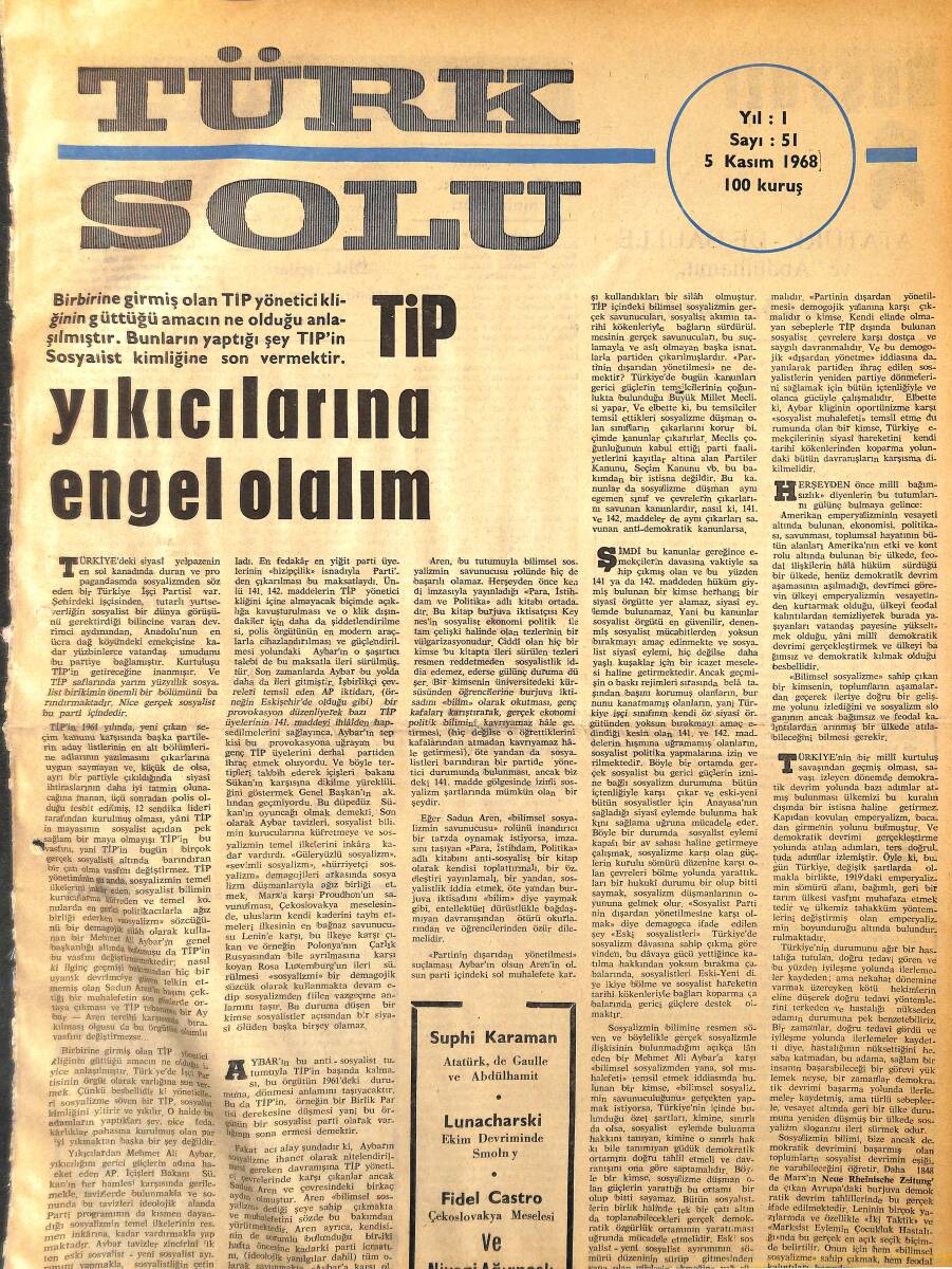 Türk Solu Dergisi 5 Kasım 1968 Sayı 51 - TİP Yıkıcılarına Engel Olalım NDR96234 - 1