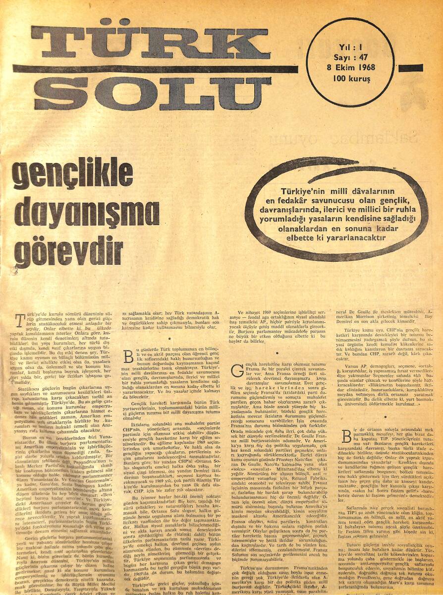 Türk Solu Dergisi 8 Ekim 1968 Sayı 47 - TİP Çankaya Kongresi - Çekoslovakya'nın Silahı NDR96230 - 1