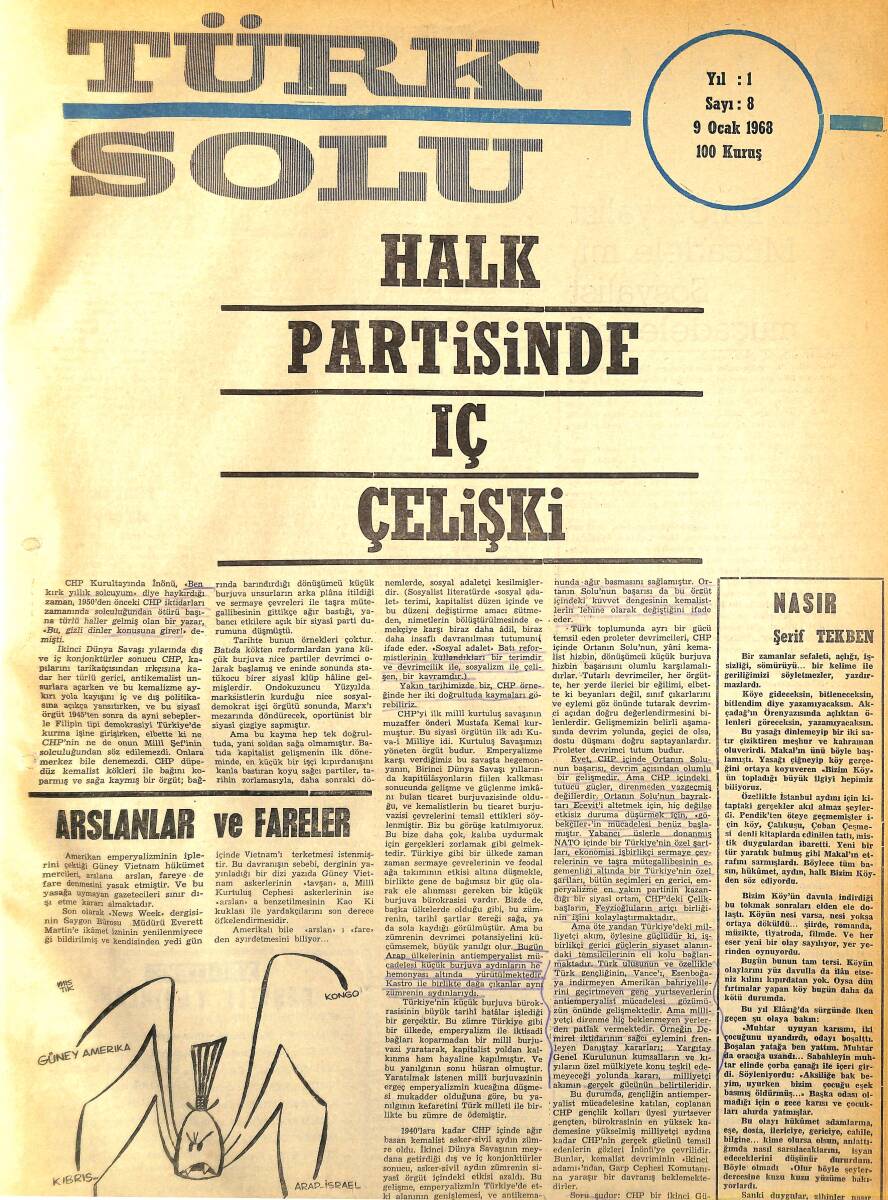 Türk Solu Dergisi 9 Ocak 1968 Sayı 8 - Halk Partisinde İç Çelişki - CIA Erzurum'da NDR96210 - 1