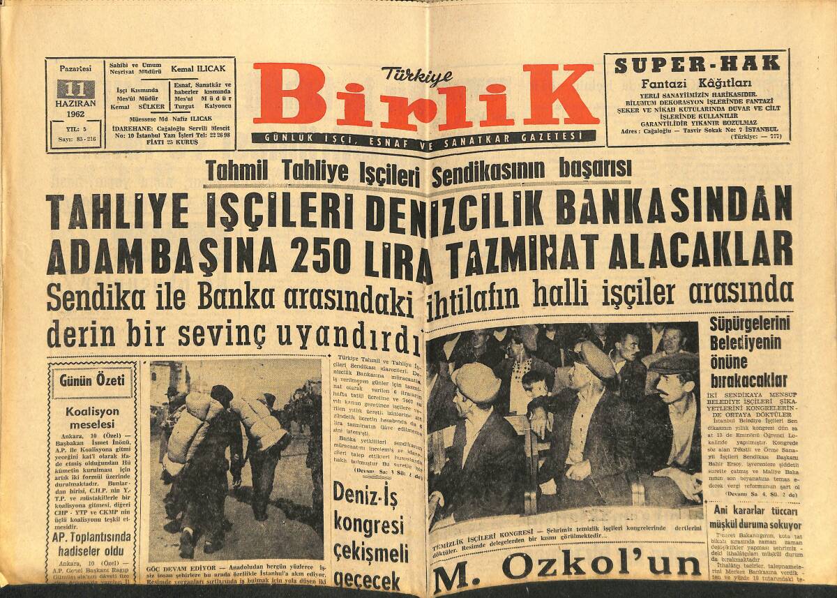 Türkiye Birlik Gazetesi 11 Haziran 1962 - Dz. Bankası , İzmit Hattında Çalıştıracak Vapur Bulamıyor - Malatya Esnafının İstekleri Açıklandı GZ149918 - 1