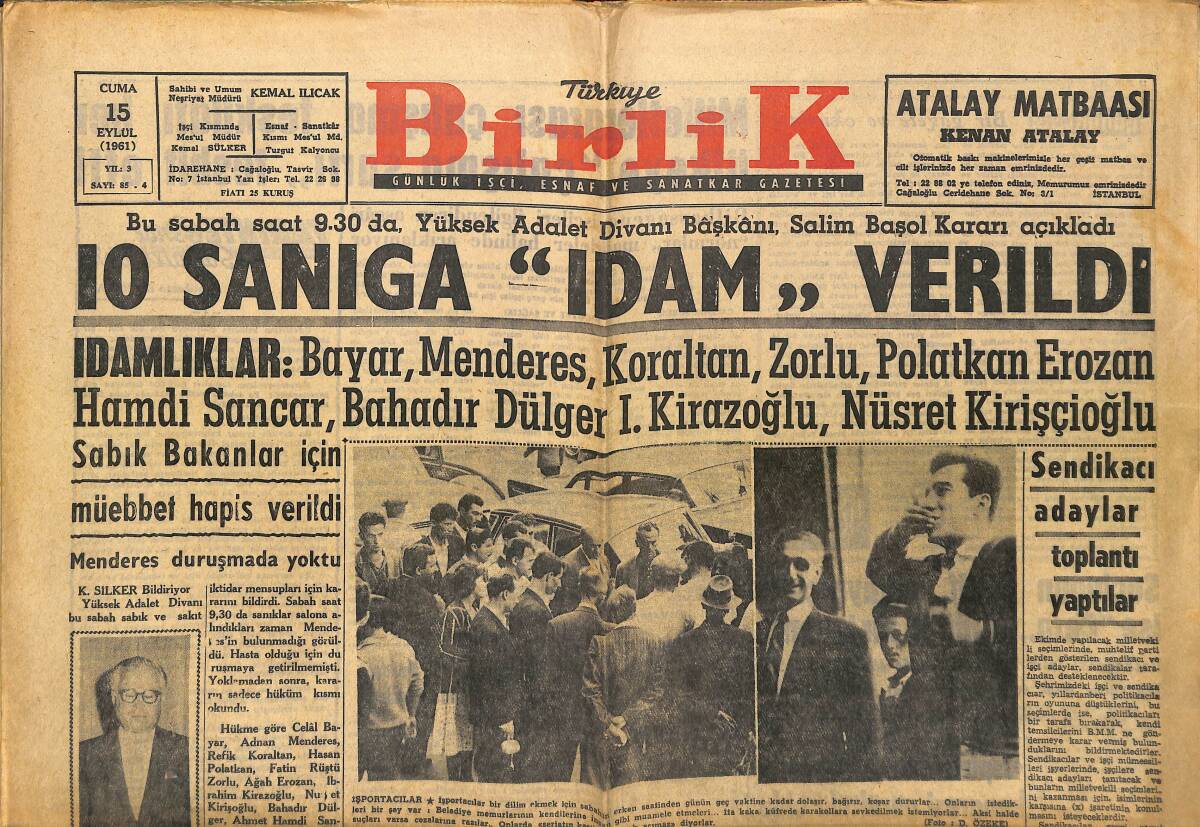 Türkiye Birlik Gazetesi 15 Eylül 1961 - 10 Sanığa İdam Verildi - İbrahim Güzelce Avrupa'ya Gidiyor GZ149912 - 1