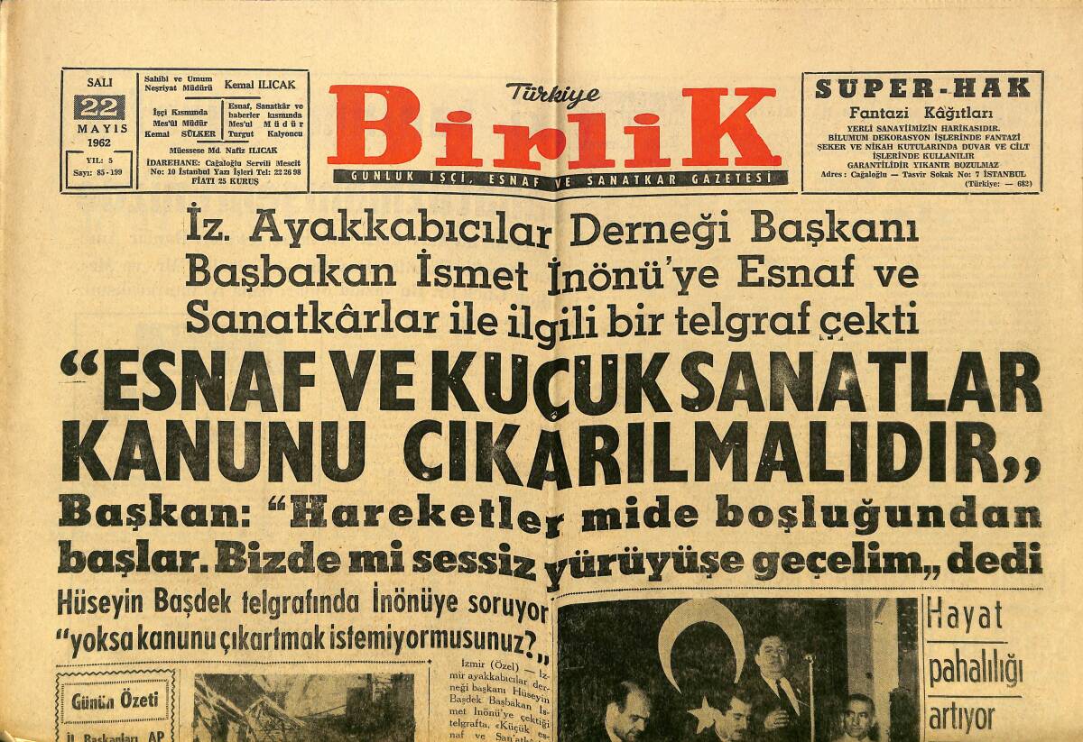 Türkiye Birlik Gazetesi 22 Mayıs 1962 - Devlet Demiryolları Ve Liman İşçilerine Kredi - Volkswagen Bin İtalyan İşçisi Aldı GZ149925 - 1