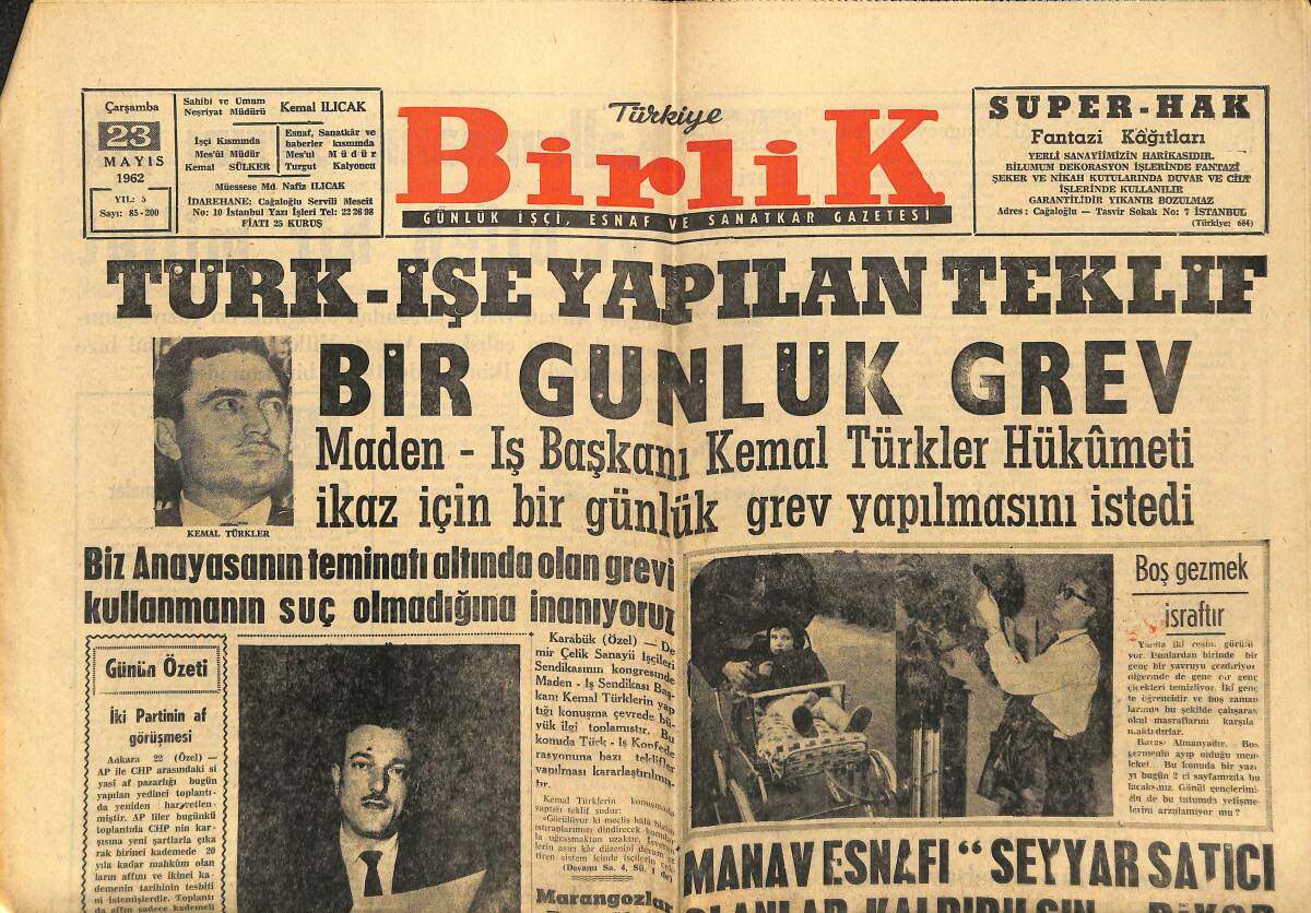 Türkiye Birlik Gazetesi 23 Mayıs 1962 - Almanya İçin Temsilci Alınacak - Türk-İşe Yapılan Teklif Bir Günlük Grev GZ149917 - 1