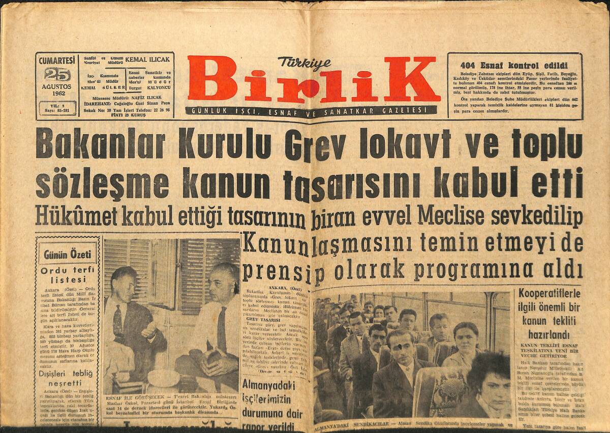 Türkiye Birlik Gazetesi 25 Ağustos 1962 - İspanya'da Grevler Başlıyor - Bakanlar Kurulu Grev Lokavt Ve Toplu Sözleşme Kanun Tasarısını Kabul Etti GZ149910 - 1
