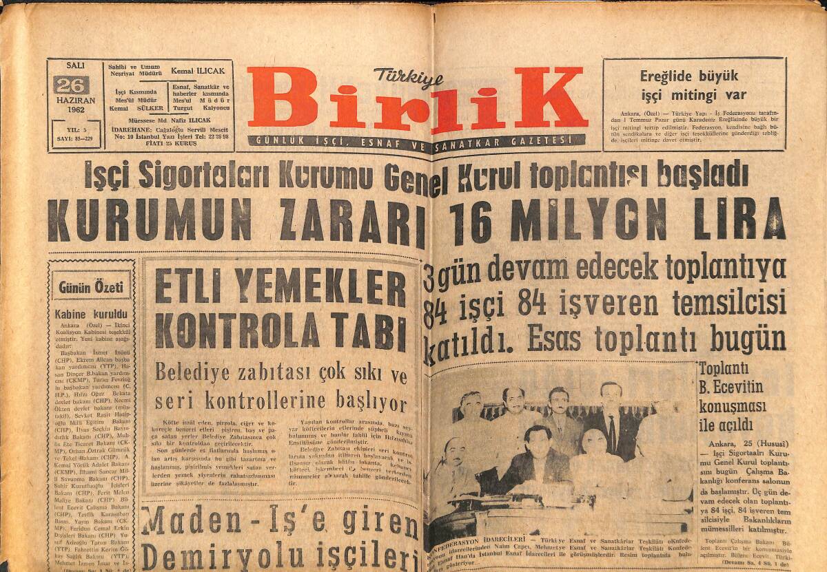 Türkiye Birlik Gazetesi 26 Haziran 1962 - Amerika'da Bir Türk Sendikacı - İşçi Sigortaları Kurumu'nun Zararı 16 Milyon Lira GZ143346 - 1
