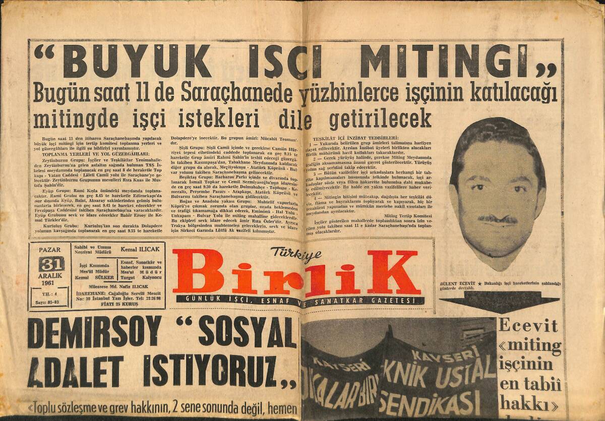 Türkiye Birlik Gazetesi 31 Aralık 1961 - Büyük İşçi Mitingi - Demirsoy '' Sosyal Adalet İstiyoruz '' GZ149913 - 1
