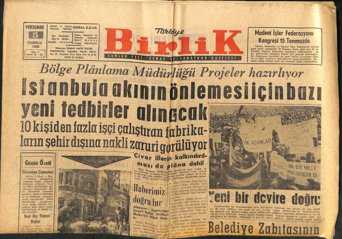 Türkiye Birlik Gazetesi 5 Temmuz 1962 - Dalida Bu Yaz Mevsimi İstanbul'a Geliyor - İstanbul'a Akının Önlenmesi İçin Bazı Yeni Tedbirler Alınacak GZ150009 - 1