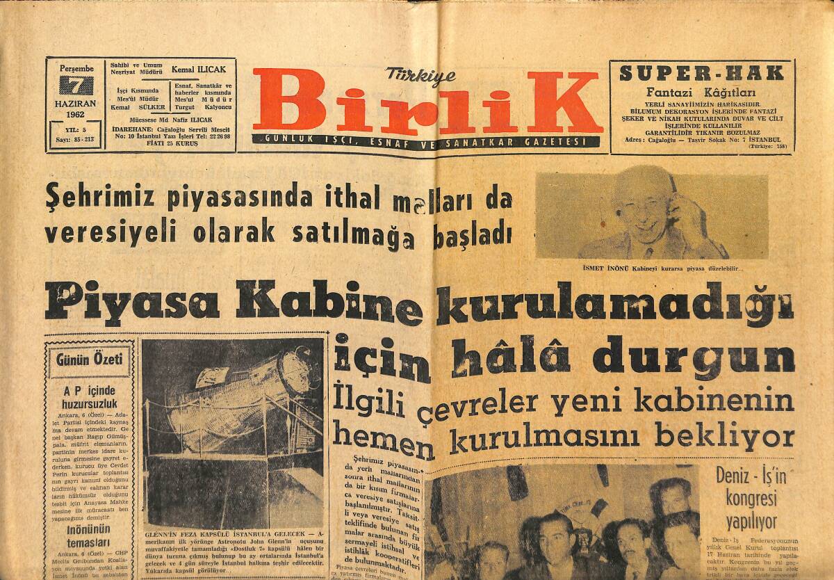 Türkiye Birlik Gazetesi 7 Haziran 1962 - Deniz-İş'in Kongresi Yapılıyor - İzmir'de de Piyasa Durgun GZ149921 - 1