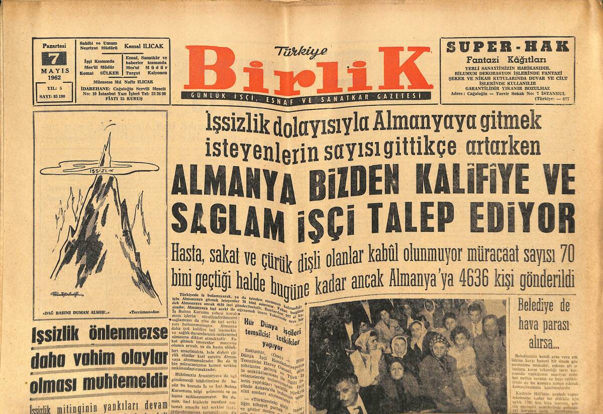 Türkiye Birlik Gazetesi 7 Mayıs 1962 - Kısa Sinema Haberleri: Mansfield, Sophia Loren, Brigitte Bardot - Amerika'da Sendikacılık GZ150010 - 1