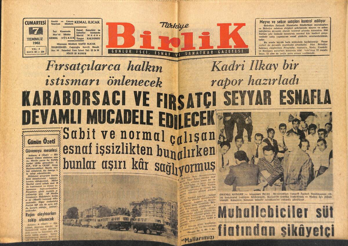Türkiye Birlik Gazetesi 7 Temmuz 1962 - Fahri Karakaya Yurda Döndü - Muhallebiciler Süt Fiyatından Şikayetçi GZ149923 - 1