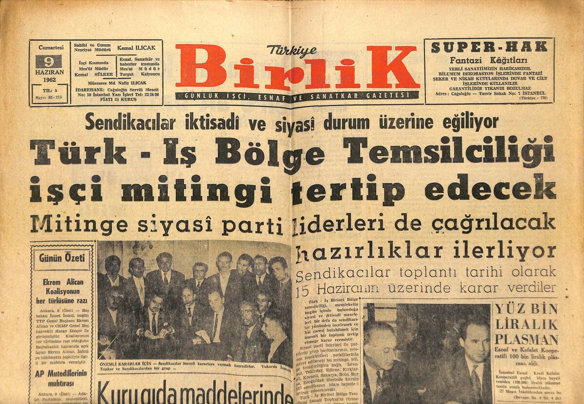 Türkiye Birlik Gazetesi 9 Haziran 1962 - Unkapanındaki 340 Baraka Yıktırılıyor - Mahmut Yüksel Denizcilik Bankasına Teklif Yapıyor GZ149916 - 1