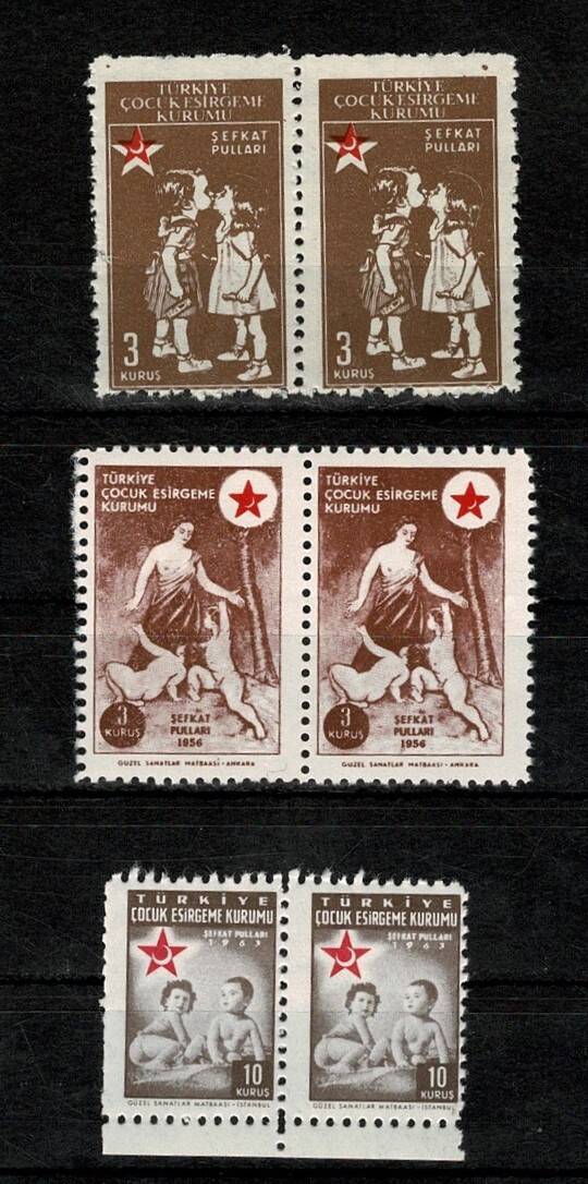 Türkiye Çocuk Esirgeme Kurumu 1956-1963 Yılları Şefkat Pulları 3 İkili Blok Lotu - MNH PPT2610 - 1