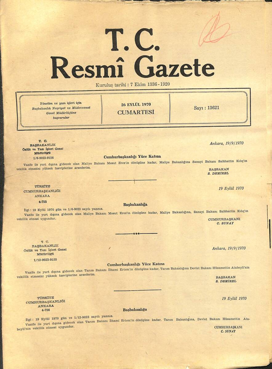 Türkiye Cumhuriyeti Resmi Gazete 26 Eylül 1970 - Tebliğler - İlanlar - Türkiye Cumhuriyet Merkez Bankası Bilançosu GZ153143 - 1
