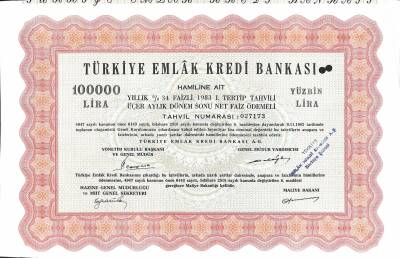 Türkiye Emlak Kredi Bankası %34 Faizli 1983 Tahvili (100.000 Lira) HSS385 - 1